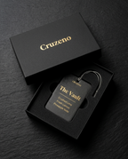 Black packaging box with 'Cruzeno' branding featuring a black tag inside.
