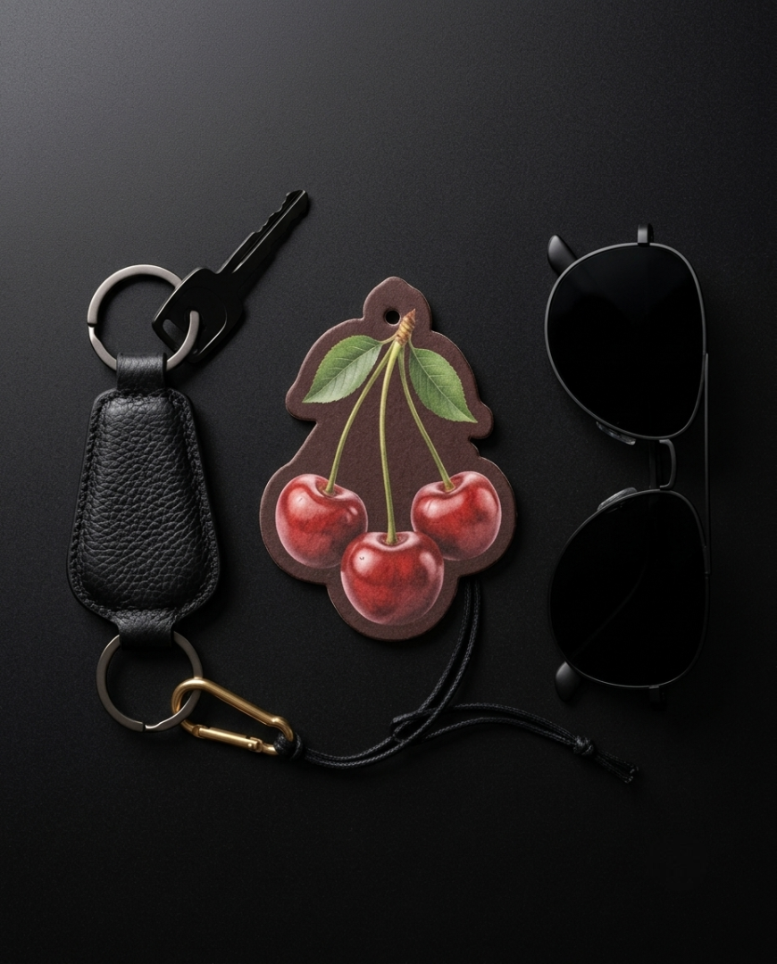 A styled flat-lay featuring a black leather keychain with a gold carabiner clip and key, a red cherries-shaped leather tag, and black sunglasses on a dark background.