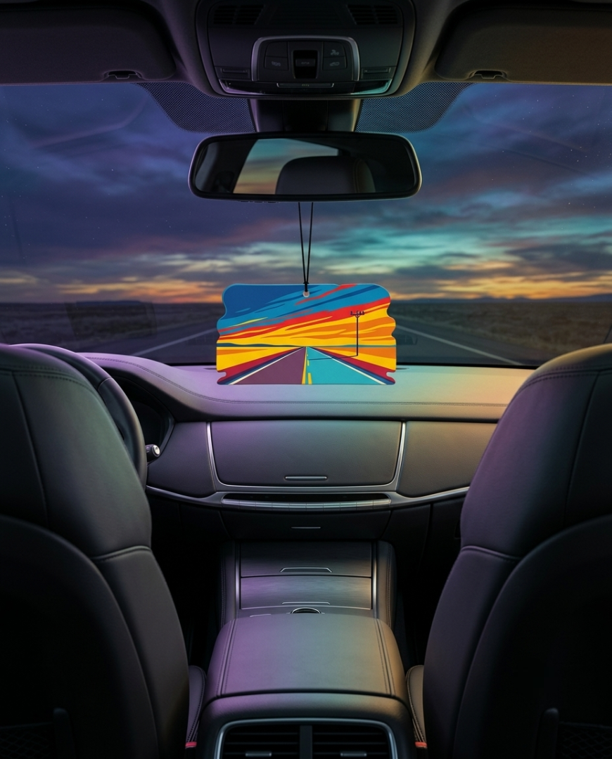 A colorful air freshener or car fragrance diffuser hanging in the center of a car dashboard, with a sunset road scene visible through the windshield.