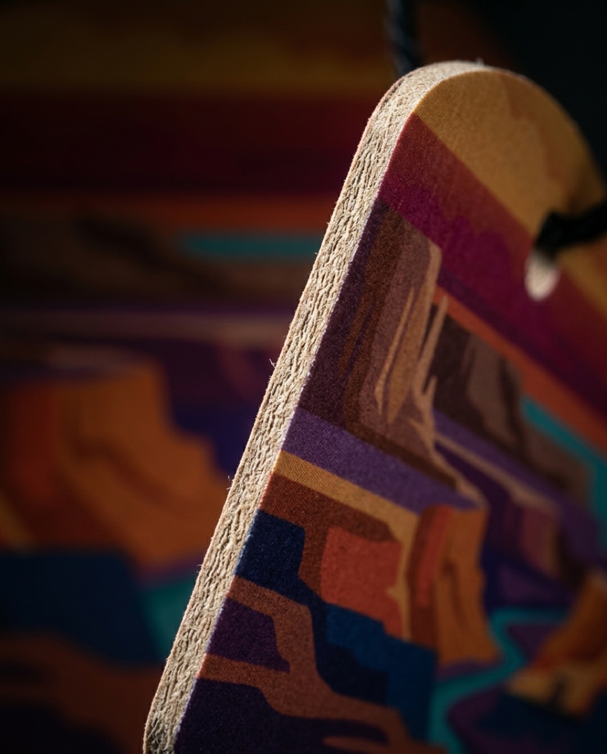 A close-up of a wooden tag or label with a colorful abstract landscape design, showing the natural wood edge and a hanging loop.