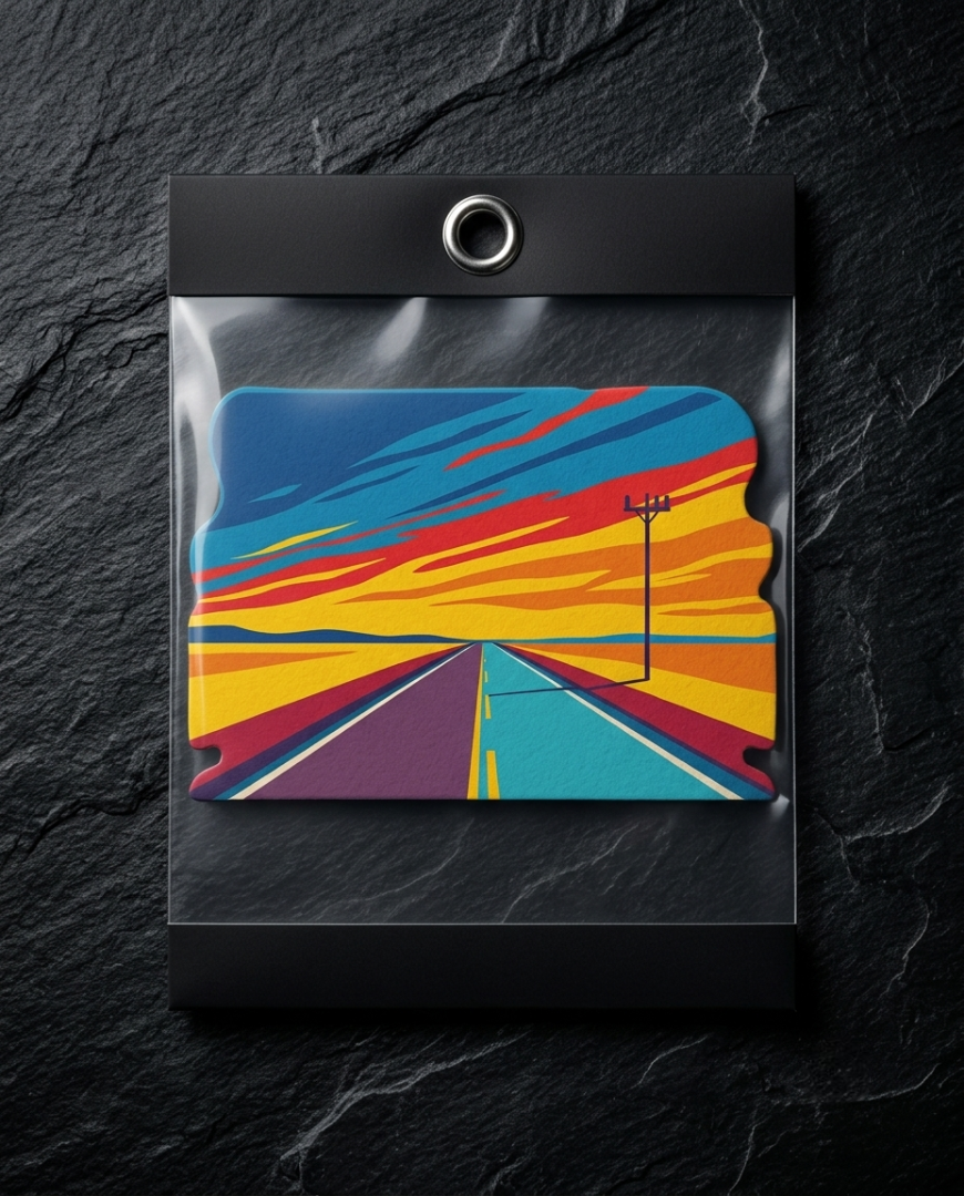 A colorful rectangular coaster featuring a stylized graphic of a road stretching into the horizon under a vibrant sunset sky, displayed inside a clear plastic sleeve with a black header card on a dark textured slate background.