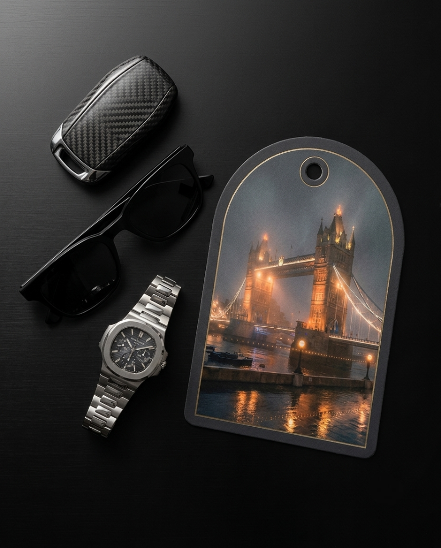 A styled flat-lay featuring a large arched luggage tag with a printed image of Tower Bridge at night, alongside a carbon fiber case, black sunglasses, and a silver metal watch on a dark background.