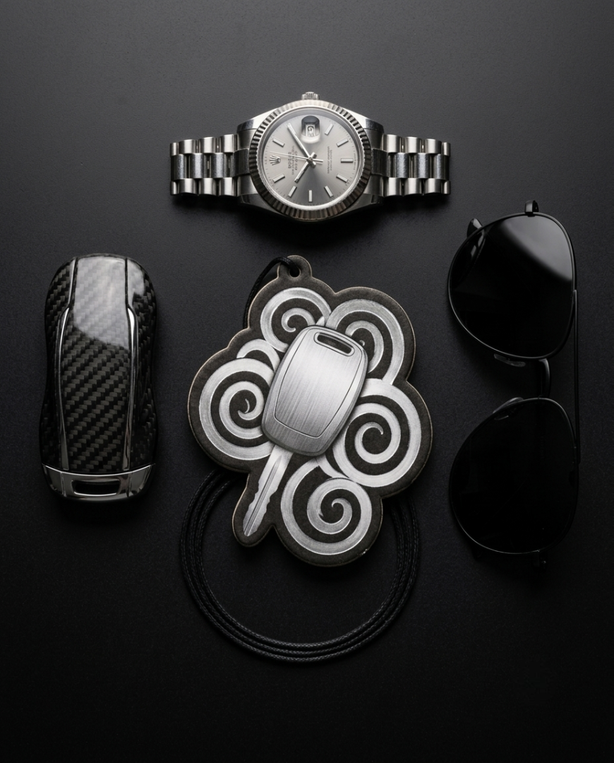 A styled flat-lay of luxury accessories on a dark background, including a silver Rolex-style wristwatch, a black carbon-fiber-patterned case, a silver key fob in a decorative cloud-shaped holder, and black sunglasses.