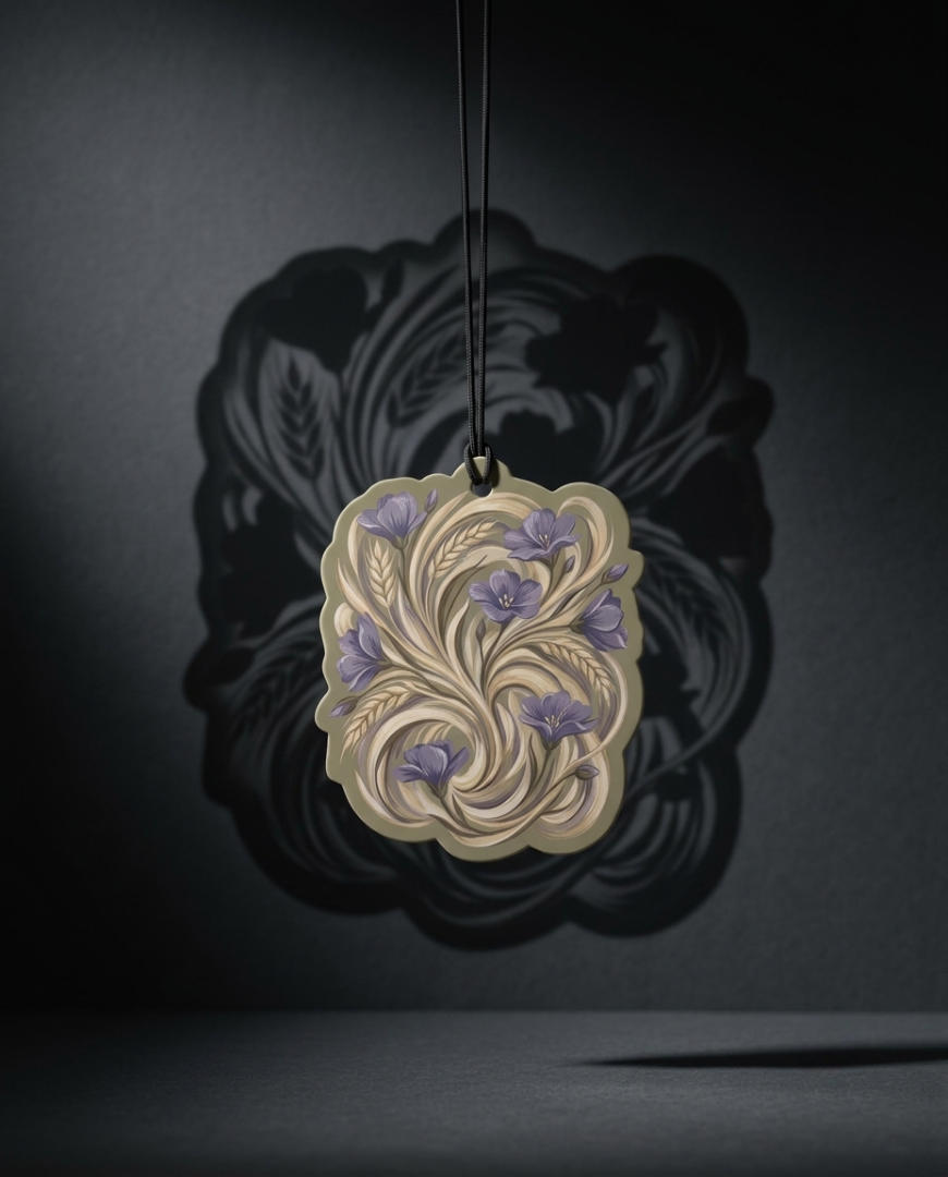 An ornate cream-colored pendant with purple floral details hangs from a black cord against a dark gray background with a decorative shadow.