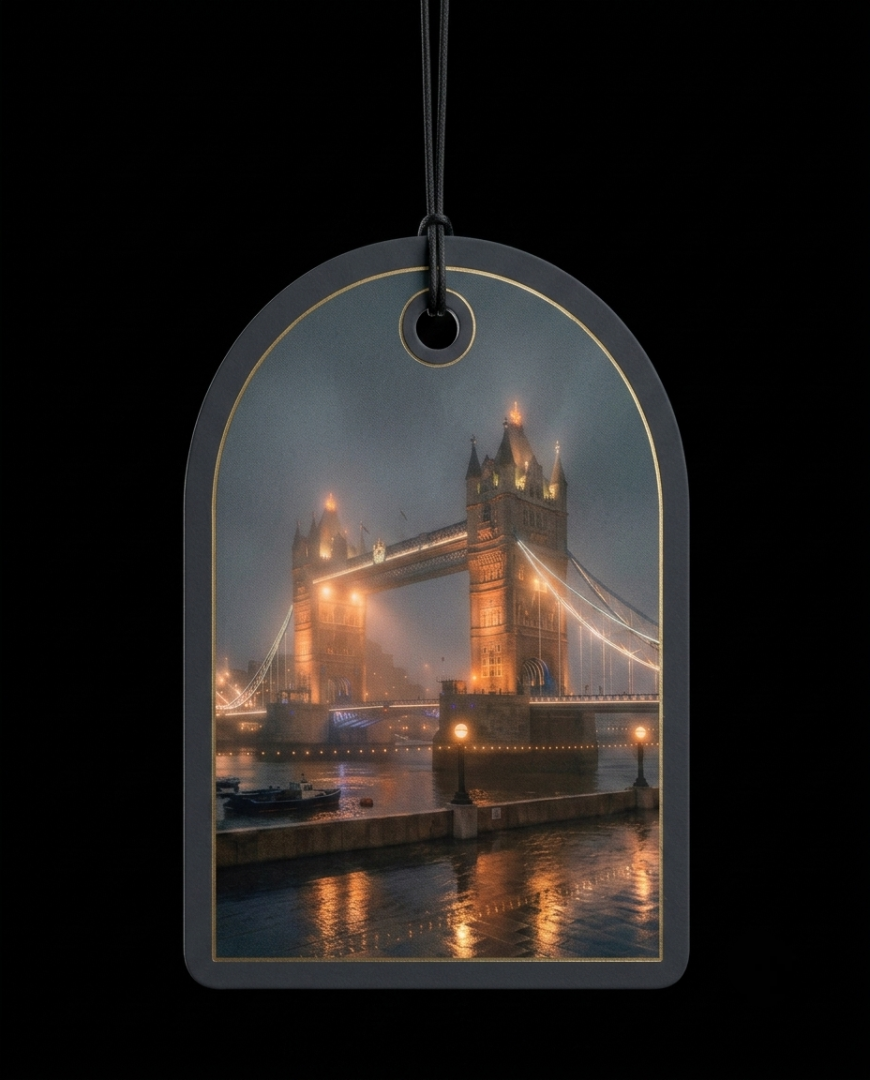 An arched hanging ornament or tag with a printed nighttime view of Tower Bridge in London, suspended by a black cord against a black background.