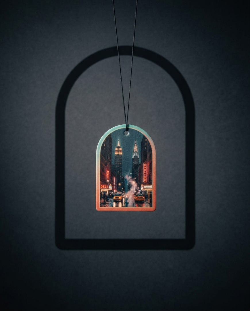 An arched pendant necklace featuring a miniature window view of a New York City street scene with illuminated skyscrapers and traffic, suspended against a dark textured background.
