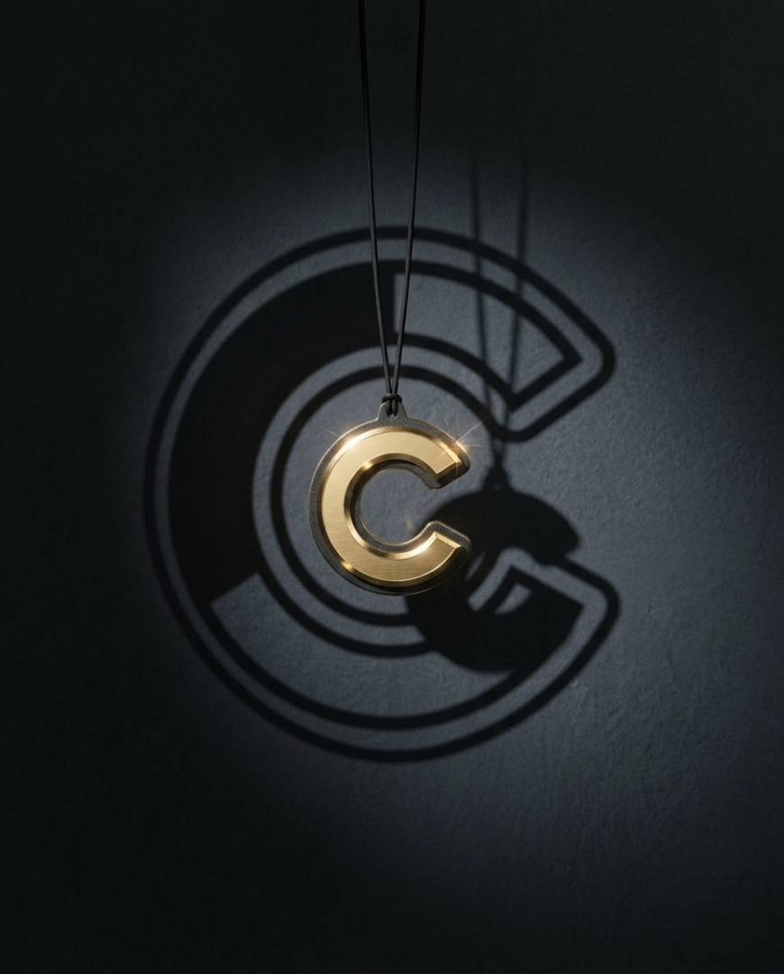 A polished gold letter 'C' pendant necklace hanging from a black cord against a dark background, casting a prominent shadow of a matching 'C' on the wall behind it.