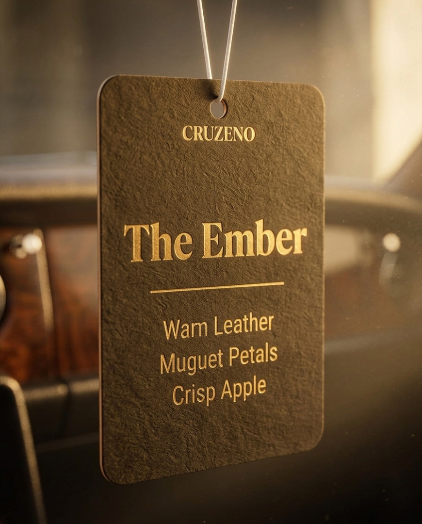 A Cruzeno 'The Ember' car air freshener tag with a textured dark brown leather-like finish and gold lettering, shown hanging in a warm, softly blurred car interior.