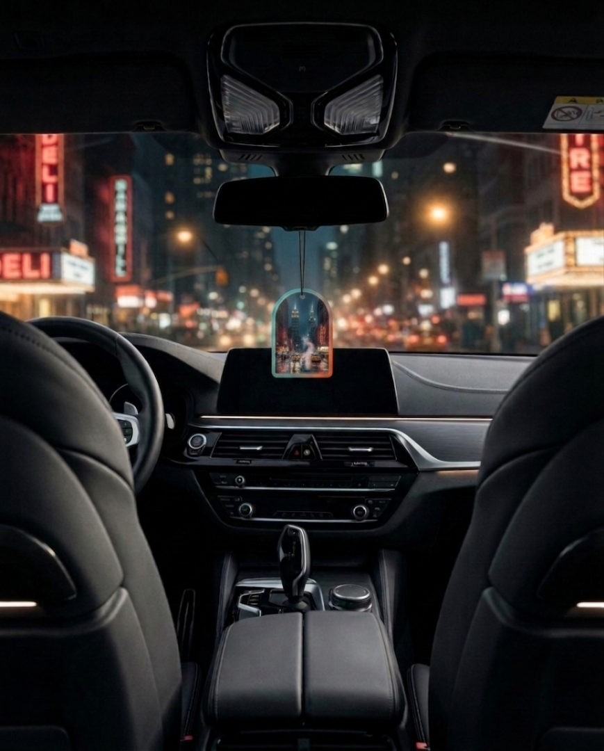 A car interior at night with a small hanging air freshener or diffuser visible in the center console, with the windshield showing a blurred city street scene outside.