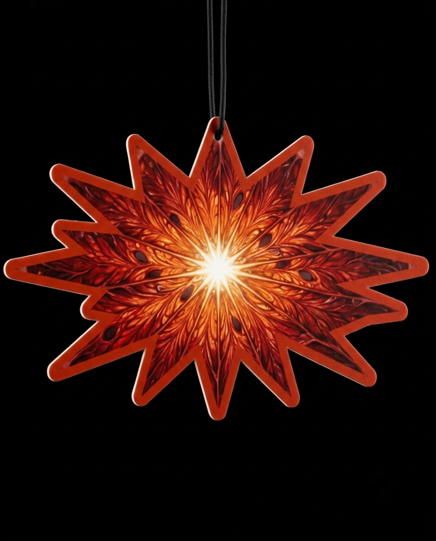 An eight-pointed star-shaped Christmas ornament with a warm orange and red pattern, glowing from a bright light in the center, hanging against a solid black background.