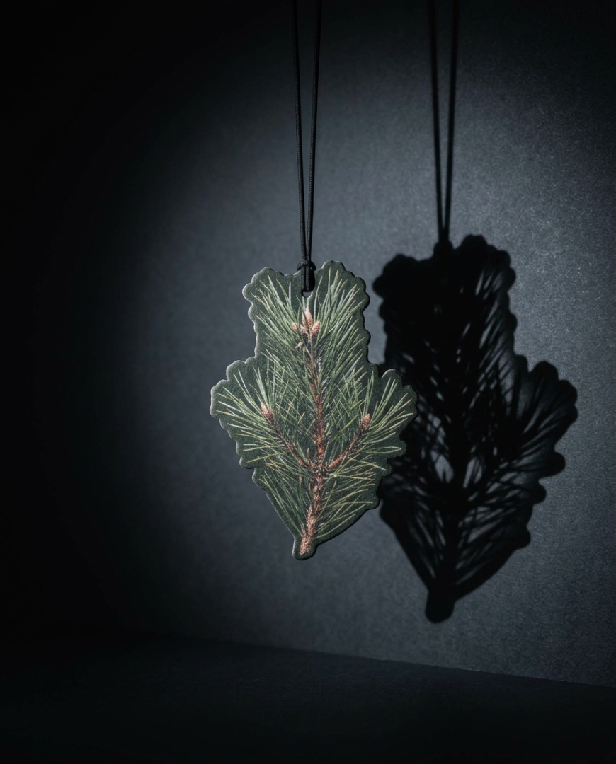 A hanging ornament shaped like a pine branch with green needles and brown bark, shown against a dark background with a large black leaf-shaped shadow cast to the right.
