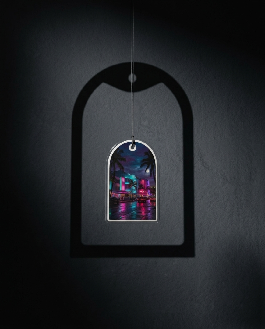 An arched wall hanging ornament with a colorful neon cityscape print, suspended by a thin cord against a dark textured wall.