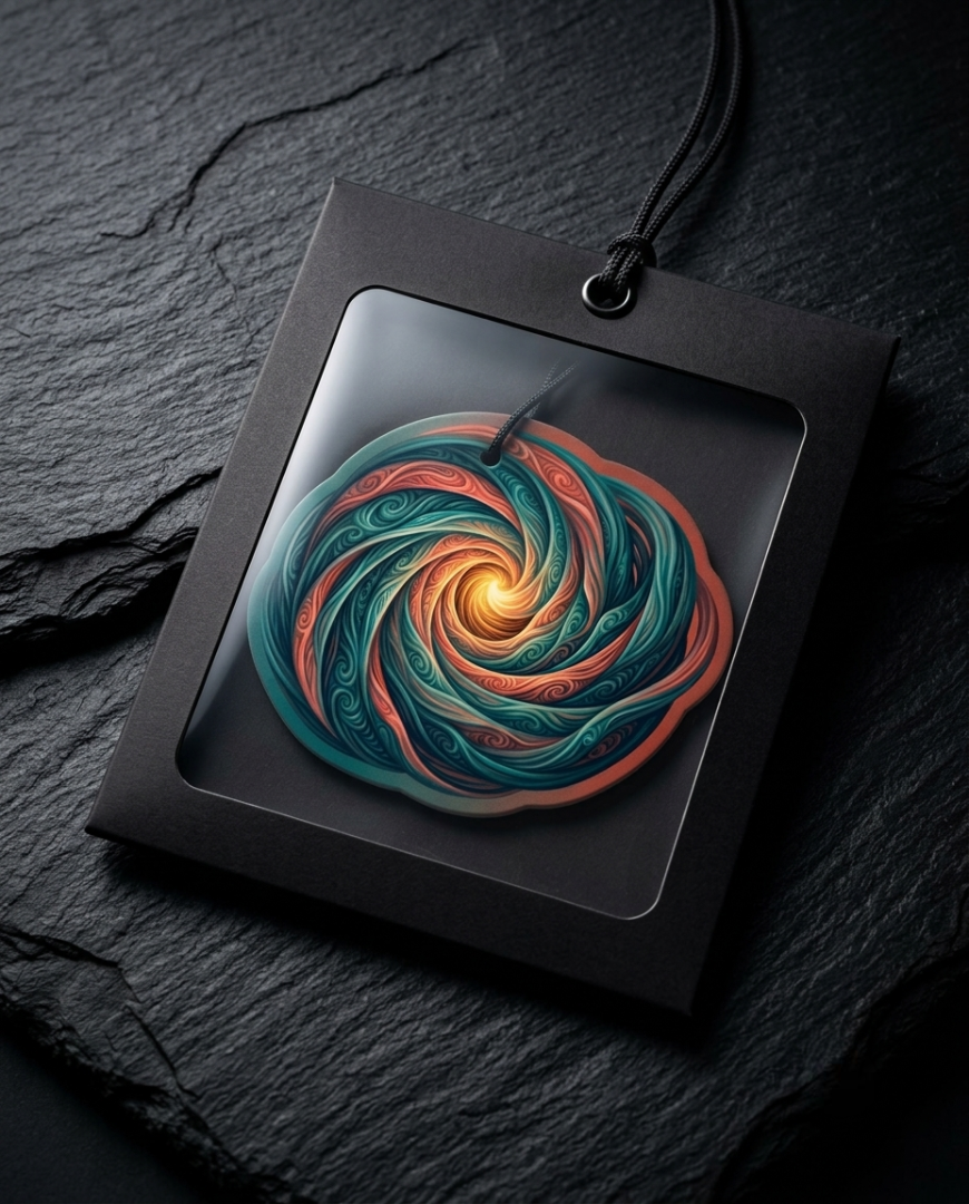 A square black pendant or frame with a clear top, hanging from a black cord, displaying a colorful spiral artwork in teal, coral, and gold tones, set against a dark textured stone background.
