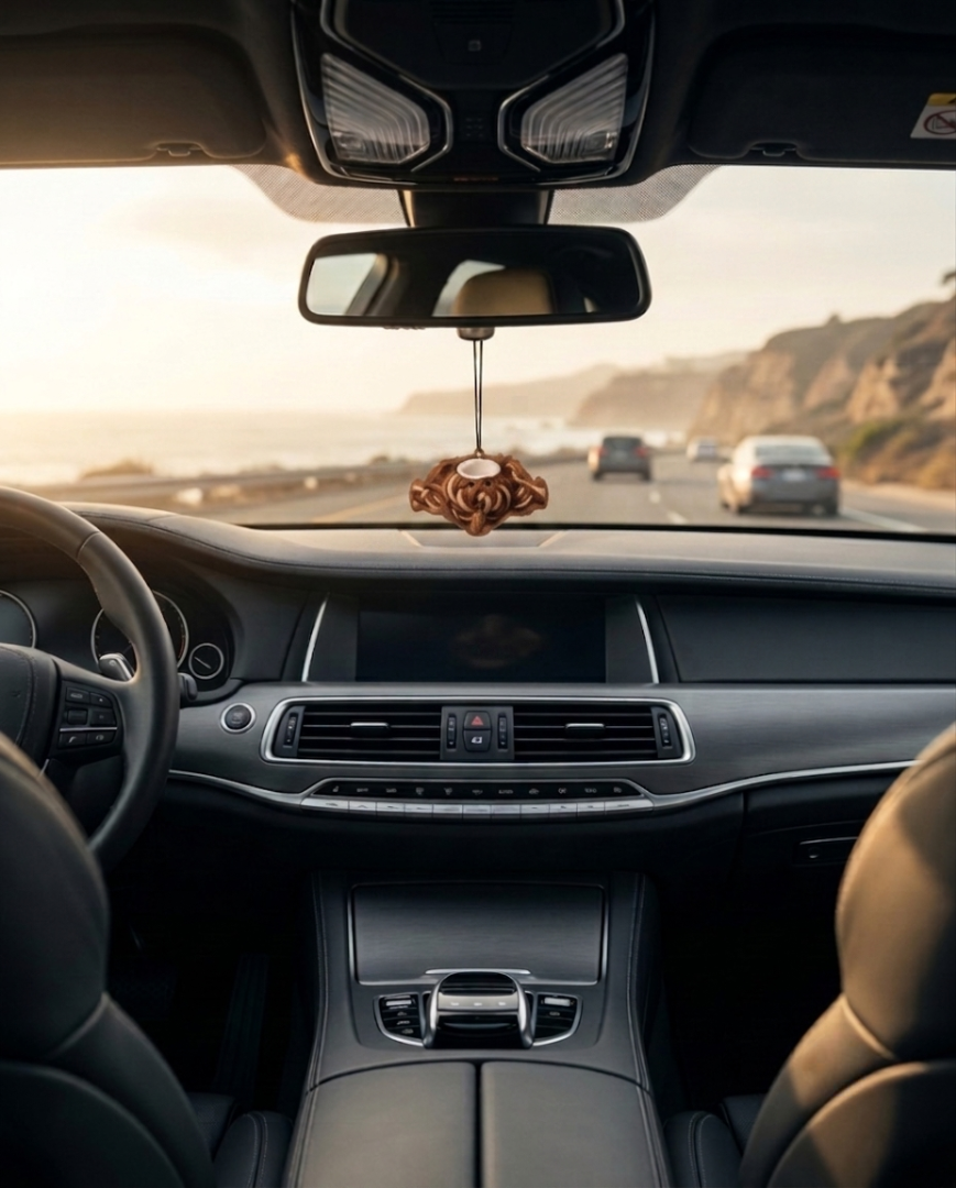 A brown hanging ornament with a stylized face design hangs from the rearview mirror inside a car cabin, with a scenic coastal road visible through the windshield.