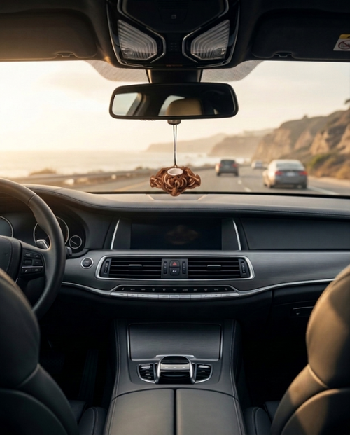 A brown hanging ornament with a stylized face design hangs from the rearview mirror inside a car cabin, with a scenic coastal road visible through the windshield.