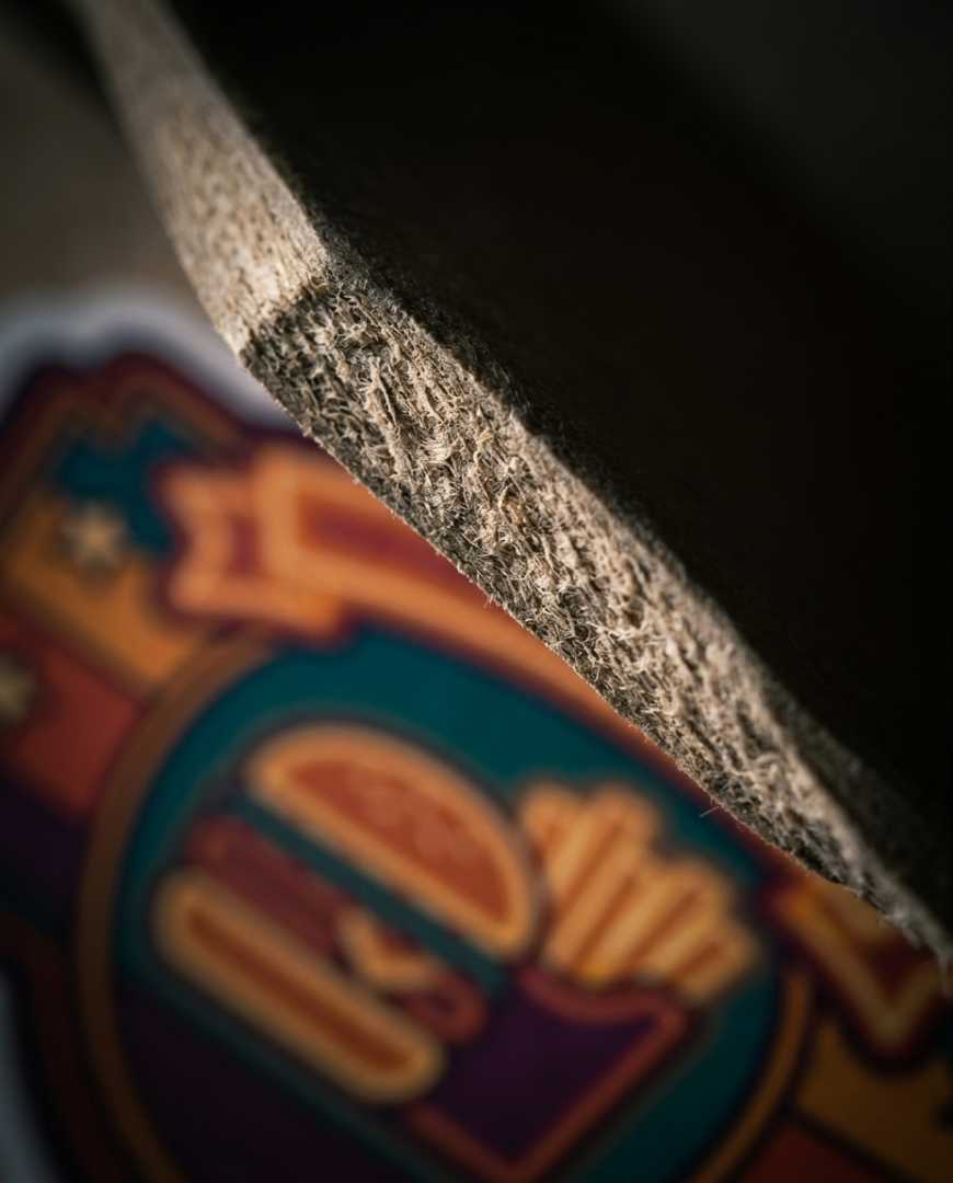 Close-up of a textured gray fabric or foam strip layered over a colorful blurred graphic background featuring a burger and fries illustration.
