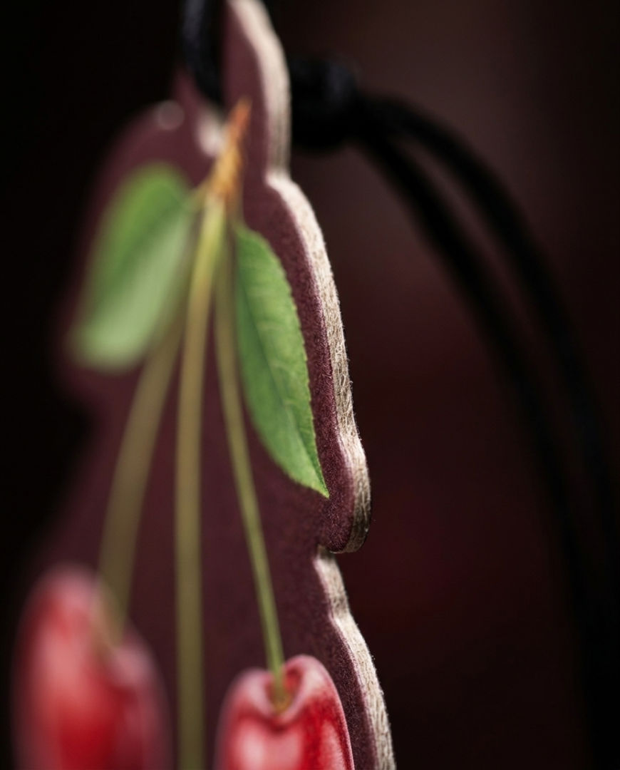 A close-up of a cherry-shaped hanging ornament or plaque with red cherries, green leaves, and stems against a dark blurred background.