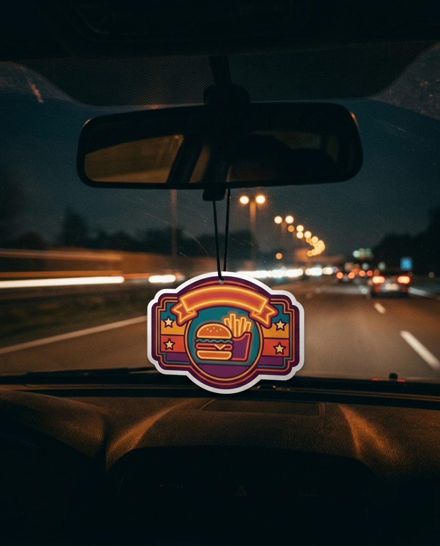 A colorful burger-themed car air freshener hangs from the rearview mirror on a car dashboard during a night highway drive.