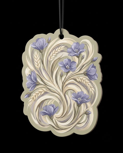 An ornate cream-colored decorative ornament or wall plaque with a scalloped edge, featuring a painted floral and leaf pattern in lavender and gray on a solid black background.