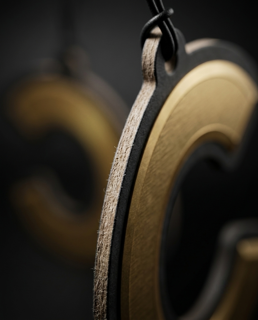 A close-up of a wooden letter 'C' hanging ornament with a natural wood grain face, a black backing, and a black hanging loop against a dark, blurred background.
