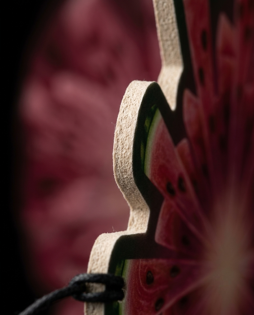 A close-up of a watermelon-themed wooden ornament or decorative piece with a black cord, showing layered wood edges and a printed watermelon slice pattern in red, pink, green, and black.