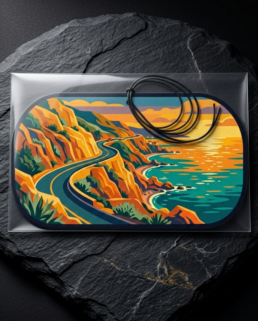 A rectangular black car air freshener or dashboard mat with rounded corners, featuring a colorful coastal landscape illustration, shown inside a clear plastic sleeve on a dark slate background.