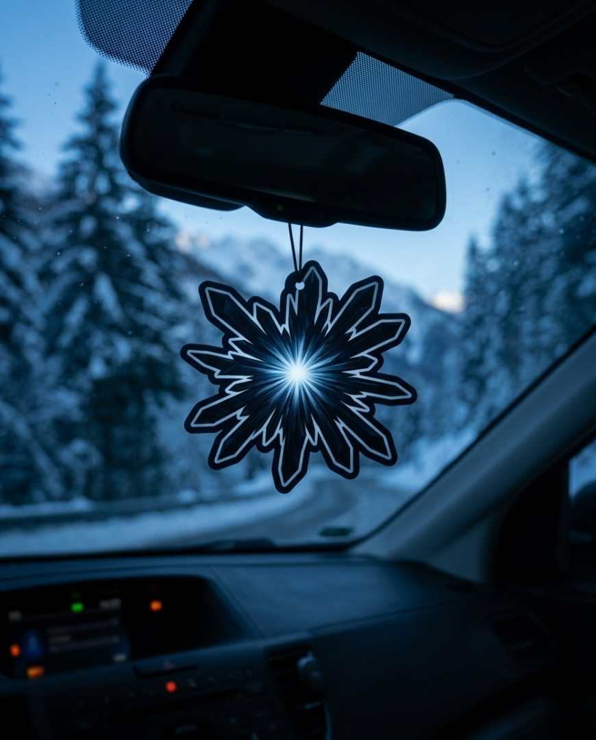 A black snowflake-shaped car air freshener or diffuser hangs from the rearview mirror inside a vehicle, with a snowy forest visible through the windshield.