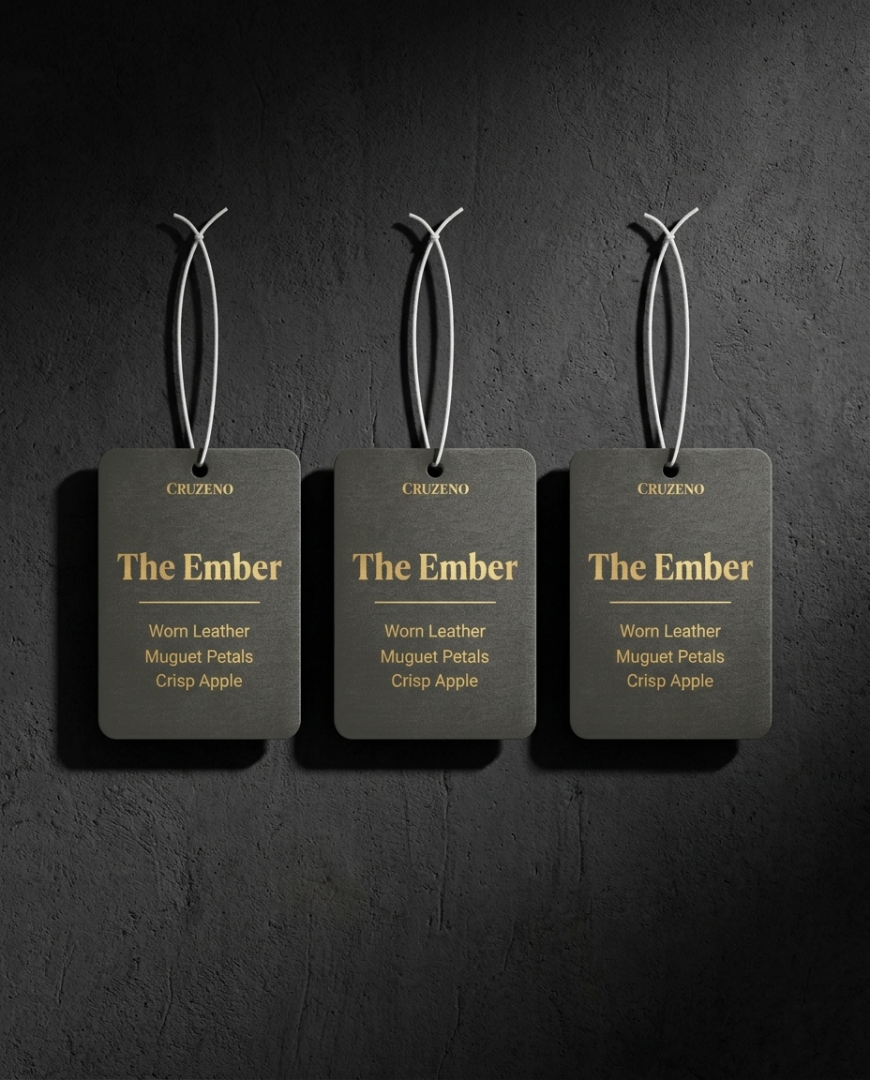 Three 'The Ember' product tags hanging against a dark textured background