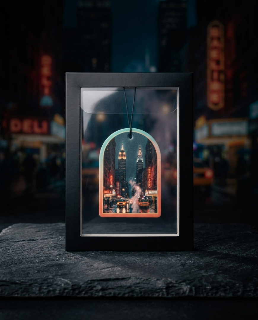 A black shadow box frame containing a miniature New York City street scene with illuminated skyscrapers and traffic, displayed on a dark stone surface with a blurred city night background.