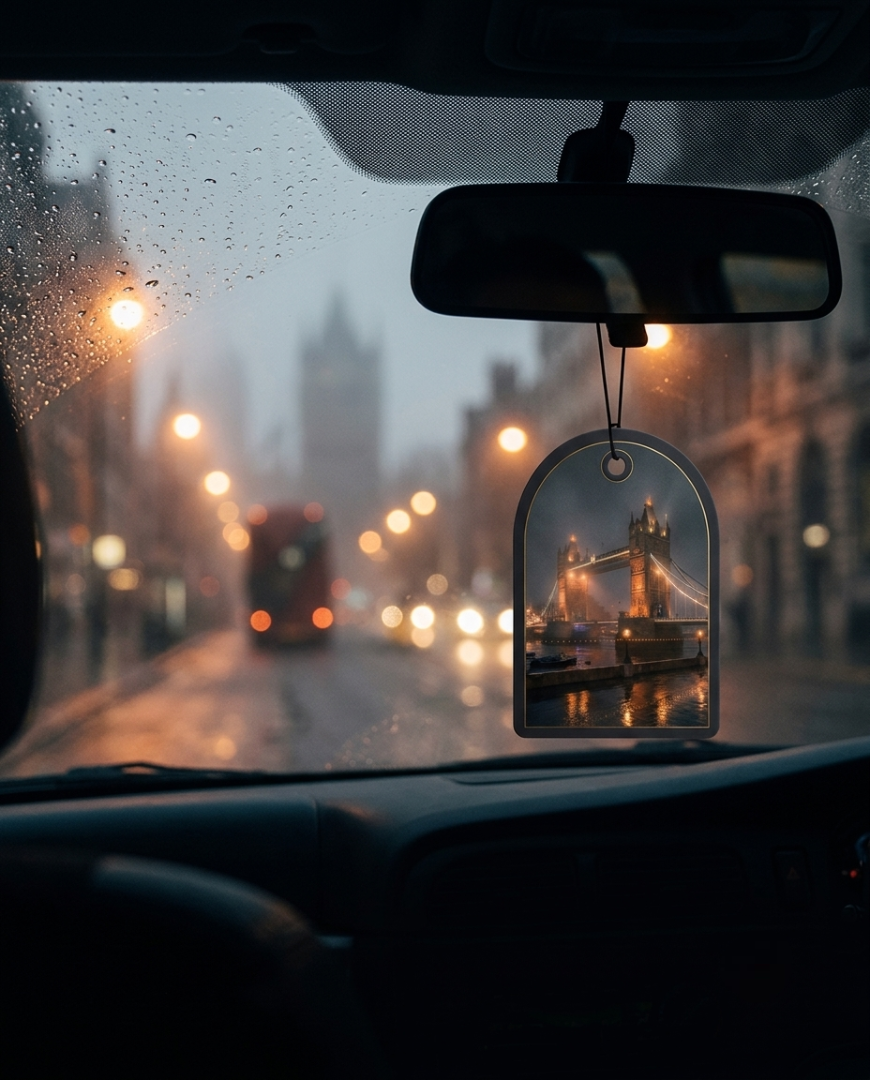 An arched car air freshener hanging from a rearview mirror in a car, showing a London bridge scene with raindrops on the windshield and blurred streetlights outside.