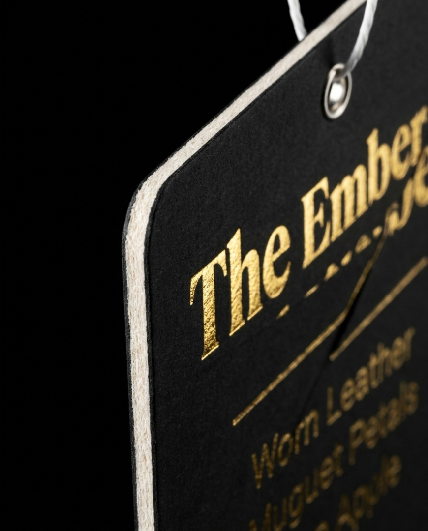 Black tag with gold text 'The Ember' on a black background