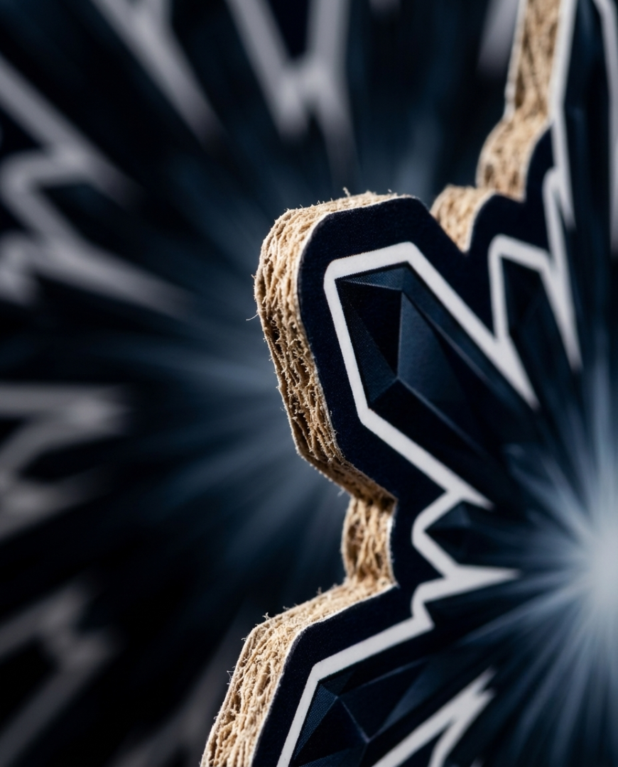 A close-up of a geometric, faceted black decorative object wrapped in natural jute rope, set against a dark blue and white starburst background.