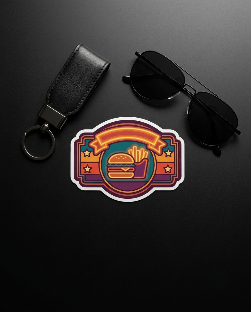 A colorful retro-style sticker featuring a hamburger and french fries design, displayed on a dark gray background next to a black leather keychain and black sunglasses.