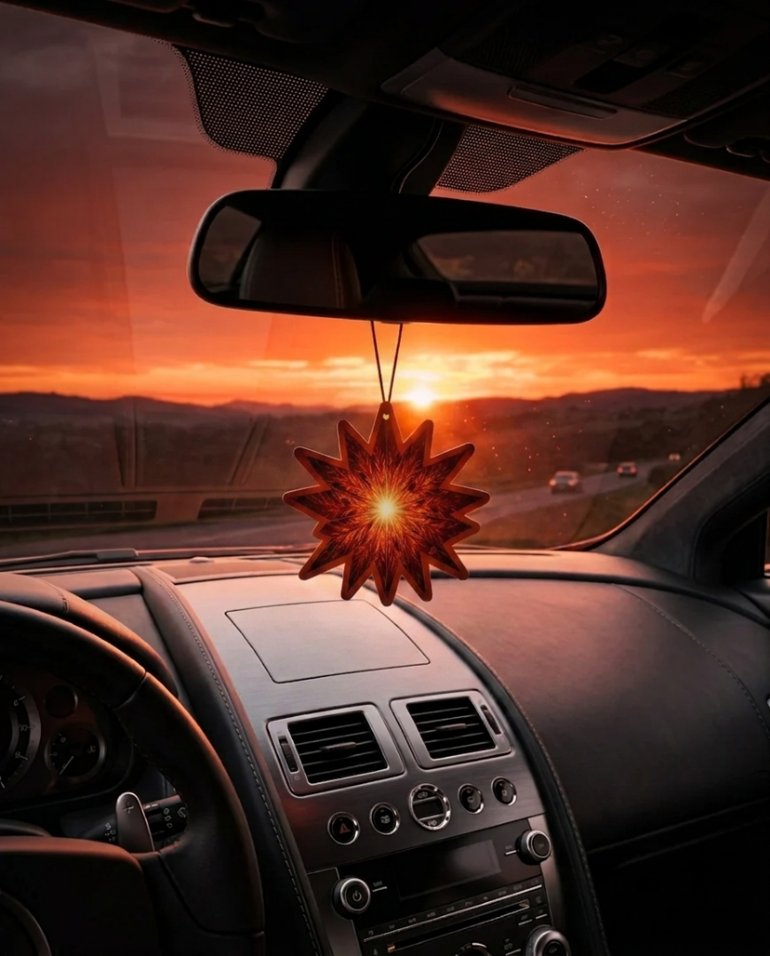 A red starburst-shaped car air freshener hangs from the rearview mirror inside a car, with a sunset landscape visible through the windshield.