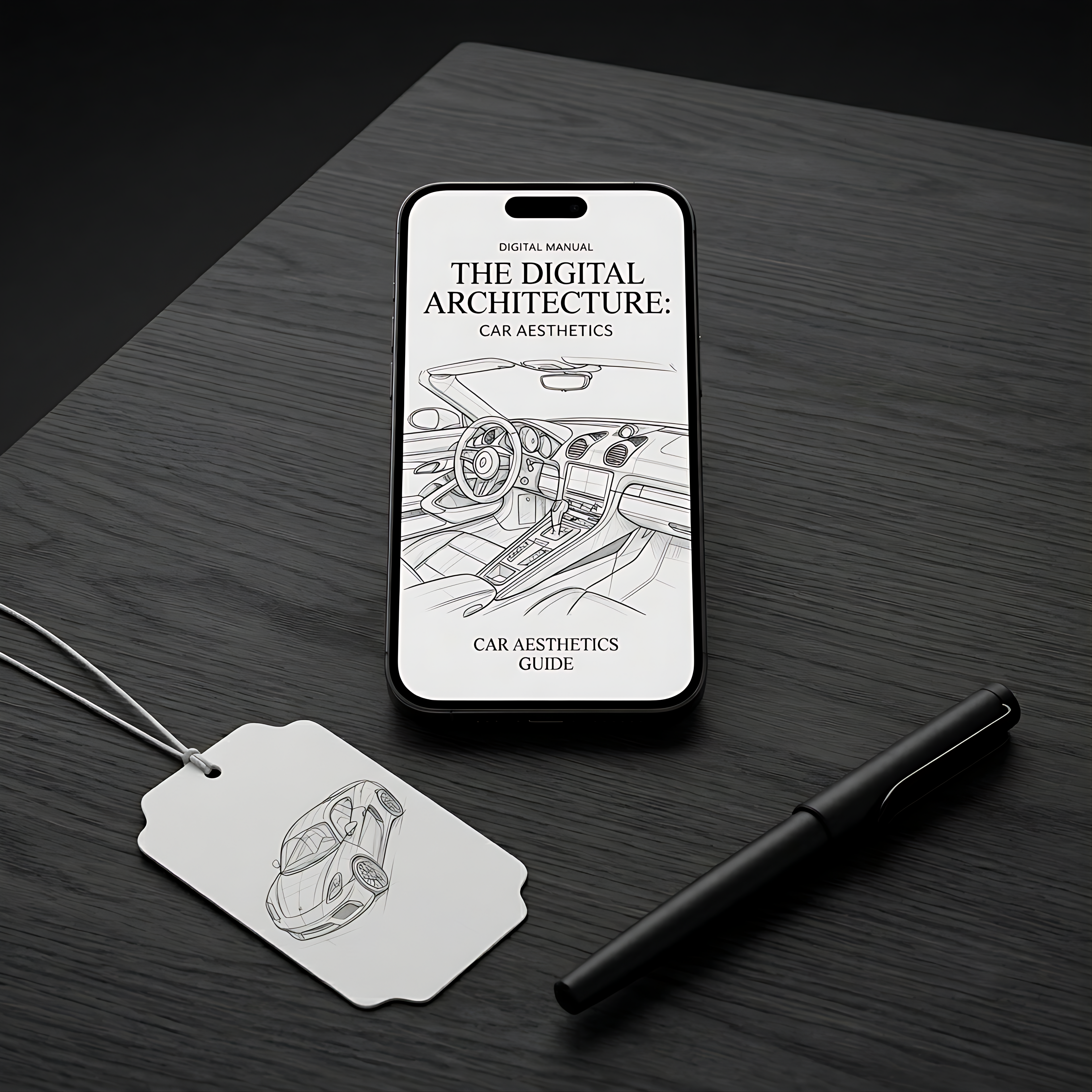 A smartphone displaying a digital manual cover titled 'THE DIGITAL ARCHITECTURE: CAR AESTHETICS' is placed on a dark wood surface, alongside a white product tag with a car sketch and a black pen.