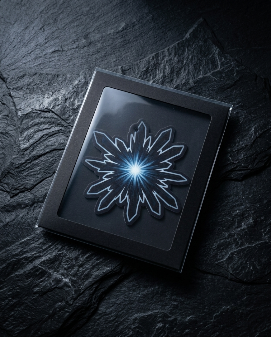 A square black presentation box with a clear lid, featuring a glowing white and blue starburst design on the front, placed on a dark textured stone surface.