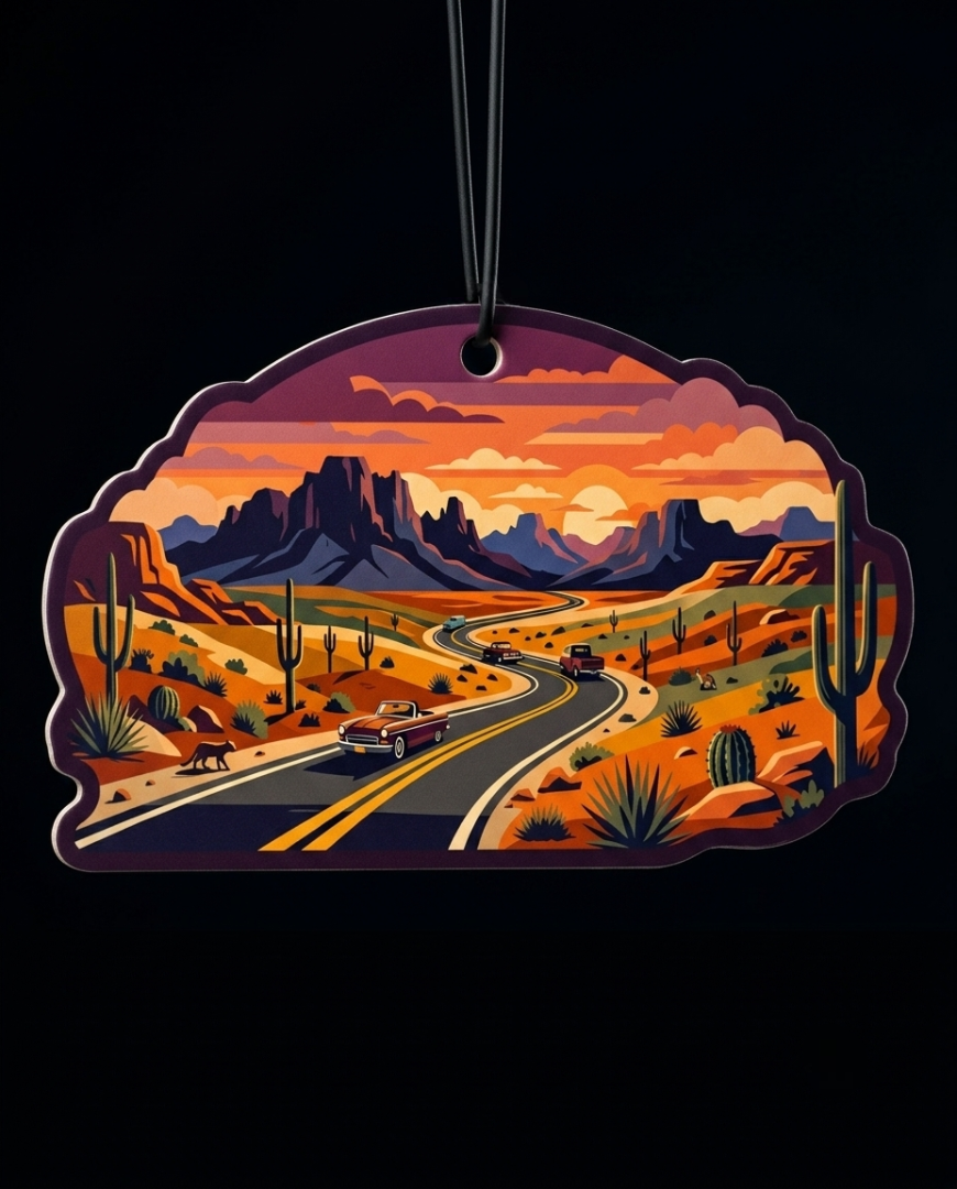 A die-cut hanging ornament featuring a stylized desert landscape with a winding road, cars, cacti, mountains, and an orange sunset sky, shown against a black background.