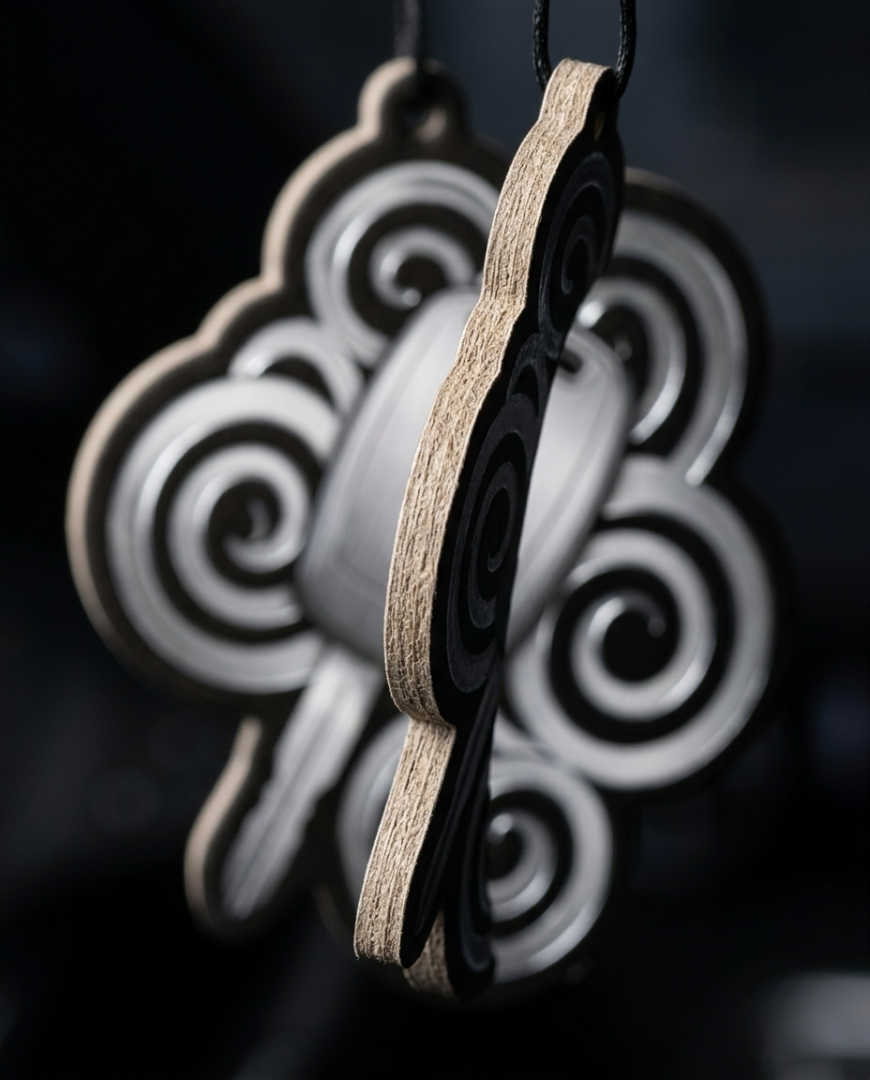 A close-up of a layered wooden ornament with a black and natural wood design, featuring a spiral pattern, hanging against a dark background.