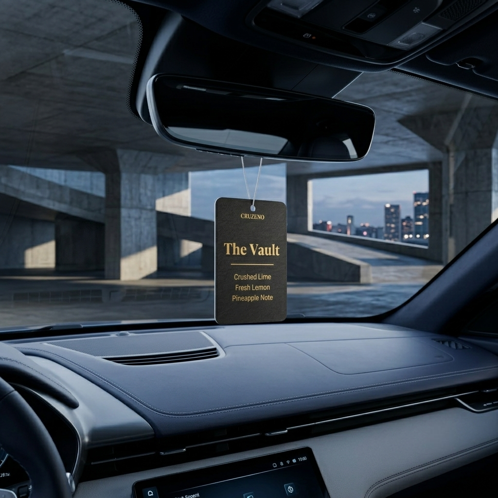 A car air freshener fragrance labeled 'The Vault' by CRUIZINO hangs from the rearview mirror inside a modern car cabin, with concrete bridge pillars and a city skyline visible through the windshield.