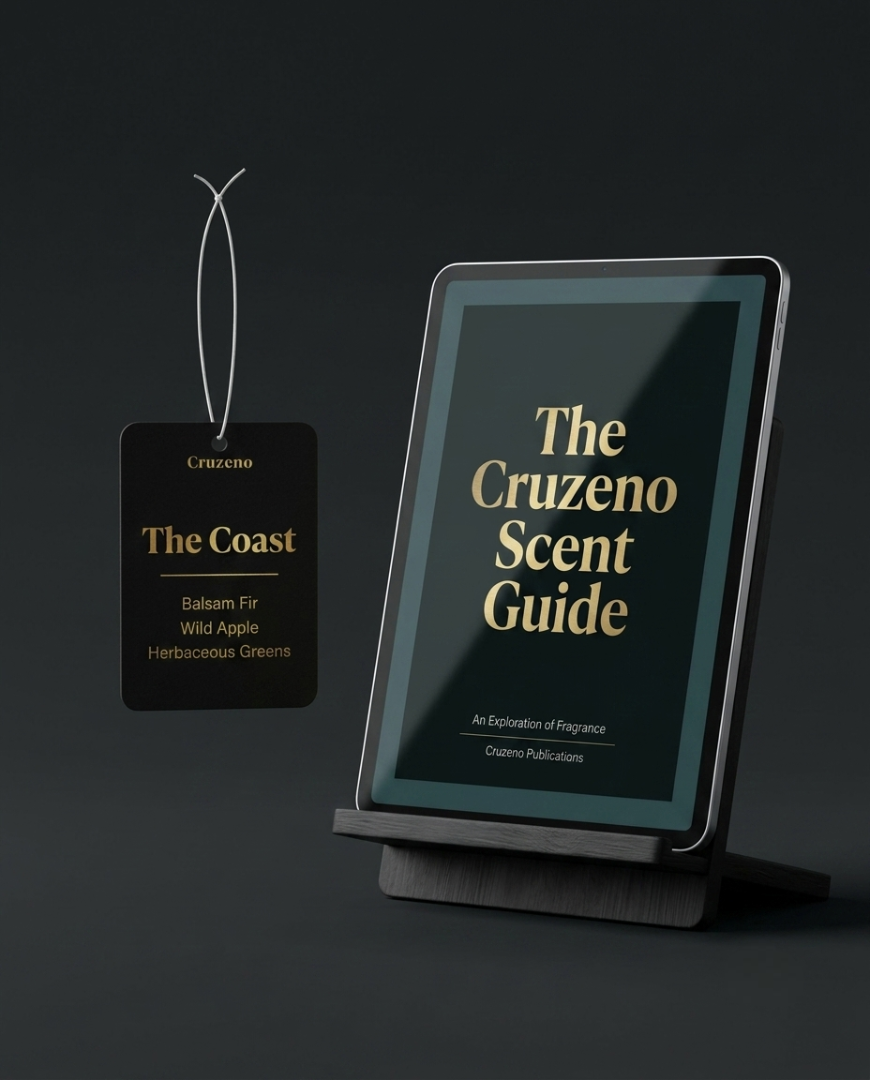 Cruzeno car air freshener and scent guide on a dark background