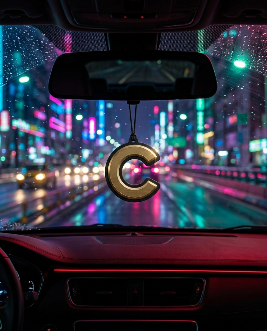 A hanging metallic letter C car air freshener ornament is suspended in the center of a car windshield, with a blurred neon-lit city street at night in the background.