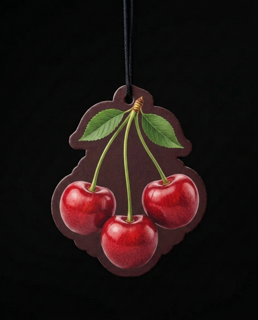 A cherry-shaped hanging ornament or plaque with three glossy red cherries, green leaves, and stems on a dark brown background, suspended by a black cord against a black backdrop.