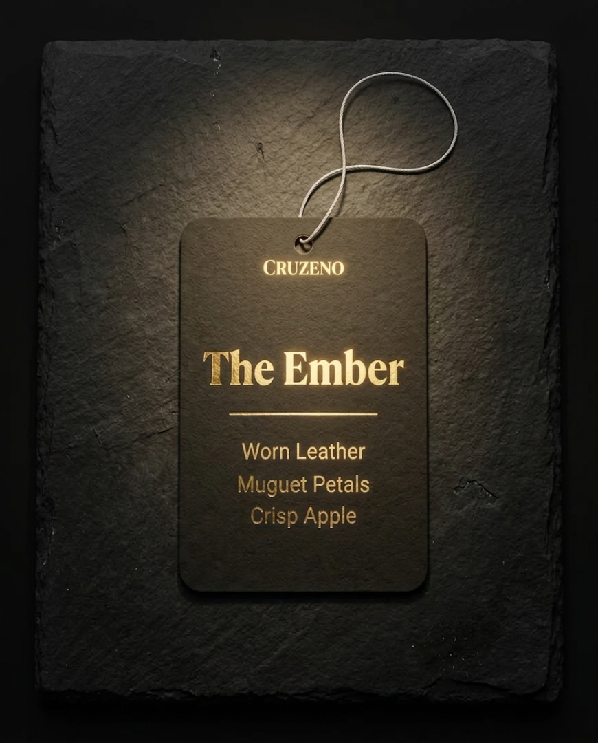 A rectangular dark brown leather tag with gold lettering reading 'CRUZENO The Ember' and scent notes 'Worn Leather Muguet Petals Crisp Apple,' hanging from a thin metal loop on a dark textured slate background.