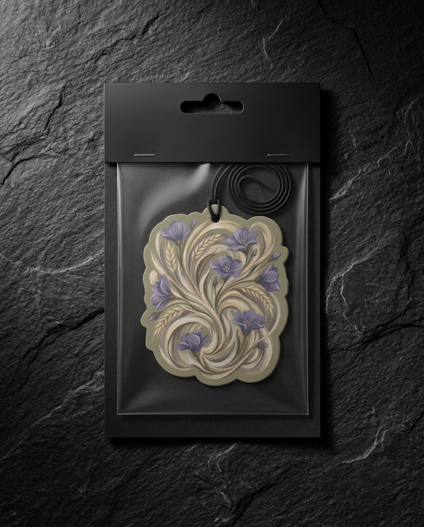 A decorative pendant or tag with an Art Nouveau floral design in cream and lavender, packaged in a black hanging plastic sleeve against a dark textured stone background.