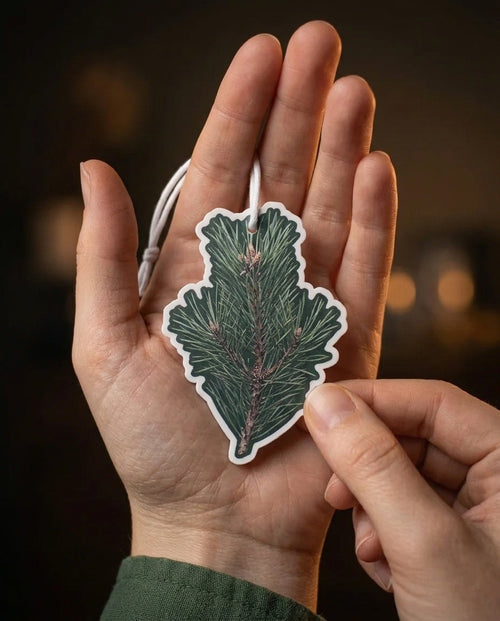 A person holds a die-cut car air freshener shaped like a pine branch in their hand. The product features a detailed green pine branch design with a white border and a white hanging loop, shown against a dark, blurred background.