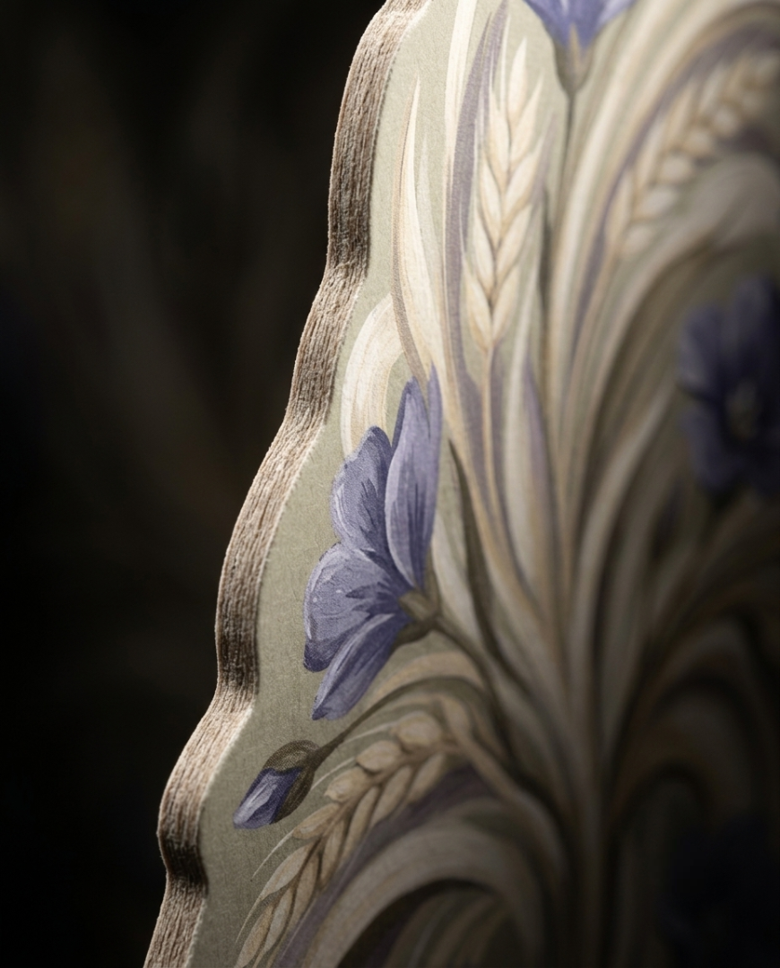 Close-up of an ornate decorative object with a scalloped edge, featuring a painted Art Nouveau style design in beige, gray, and lavender-purple tones against a dark background.