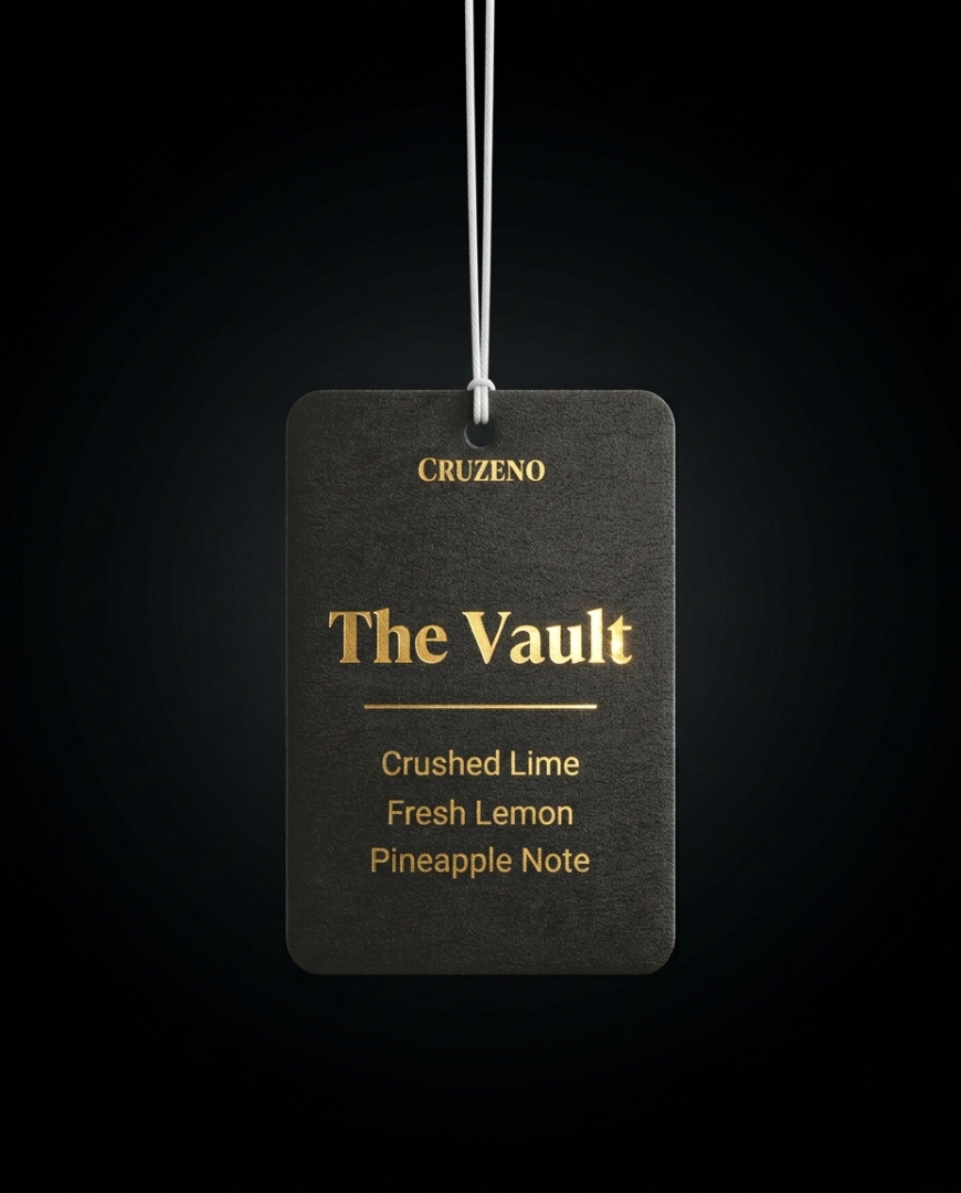 Black tag with gold text featuring 'Cruzeno The Vault' on a black background