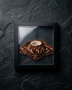 A framed decorative object with a dark square frame and clear top, containing an ornate brown sculptural design, displayed against a dark textured stone wall.