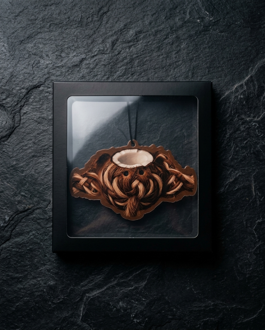 A framed decorative object with a dark square frame and clear top, containing an ornate brown sculptural design, displayed against a dark textured stone wall.