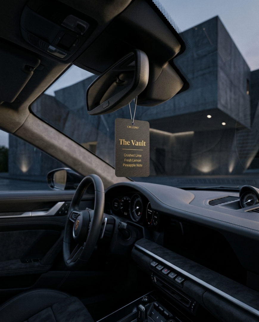 Car interior with a 'The Vault' air freshener hanging from the rearview mirror.